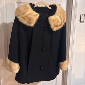 Vintage Tweed Black Jacket w/ White Mink Trim. Ladies XL Fur Coat. Vintage Mink.